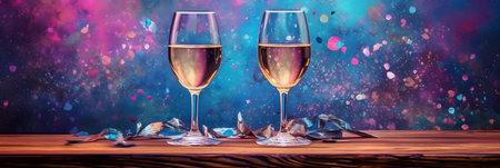 Valentine's day background with two glasses of wine on wooden tableの素材