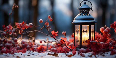 Lantern on a background of autumn leaves and berries in the snowの素材