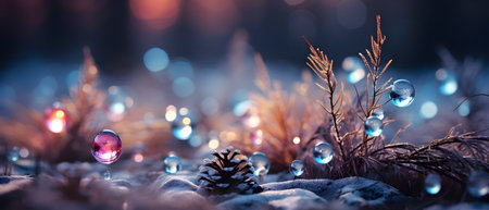 Christmas background. Christmas decorations on the snow. New Year concept.の素材
