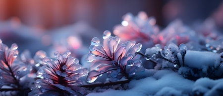 Frozen tree branches with ice crystals in winter forest. Nature backgroundの素材