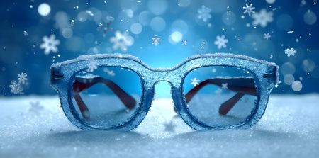 Sunglasses on snow with snowflakes. 3d illustrationの素材