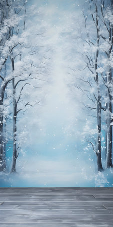 Winter forest with wooden floor and falling snow. 3D Renderingの素材