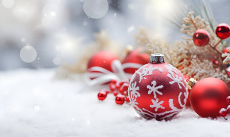 Christmas background. Festive decoration on snow. New Year. Selective focus Holidayの素材