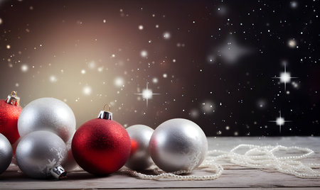 Christmas background with silver and white baubles on wooden planksの素材
