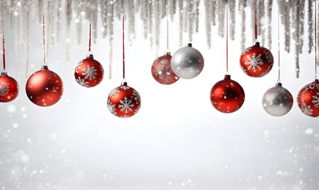 Red christmas baubles hanging on snow background with copy spaceの素材