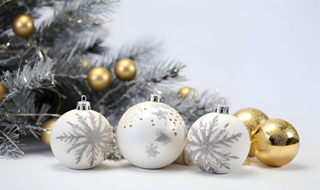 White and gold Christmas ornaments on a branch of a Christmas treeの素材