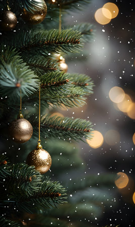 Christmas tree with golden baubles on bokeh background.の素材