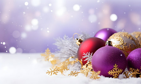 Christmas background with baubles and snowflakes on bokeh backgroundの素材