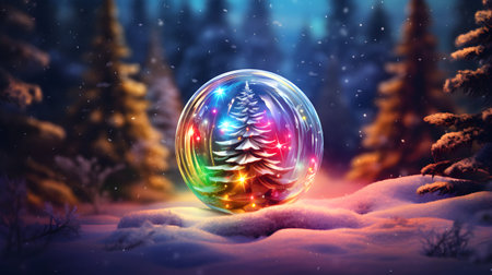 Christmas tree in a crystal ball in the forest. 3d illustrationの素材