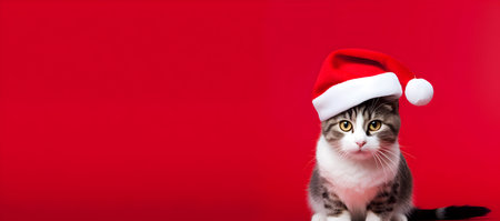 Cute tabby cat in red christmas hat on red backgroundの素材