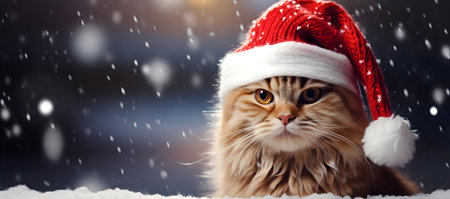 Cute siberian cat in red christmas hat on snow.の素材