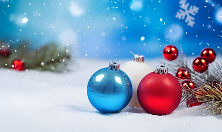 Christmas decoration on snow with bokeh background. Copy space.の素材