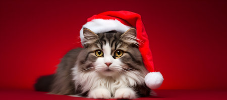 Studio photography of a scottish fold cat wearing a Santa Claus hat on red backgroundの素材