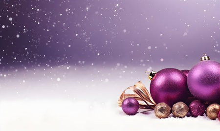 Christmas background with purple baubles on snow and snowflakesの素材
