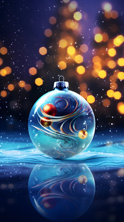 christmas ball on blue background with bokeh and snowflakesの素材