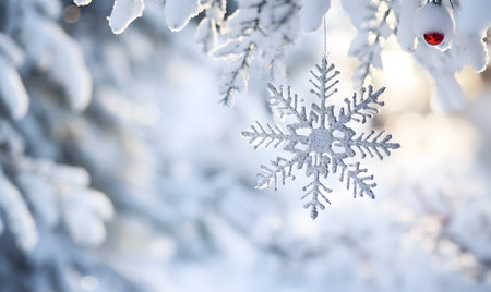 Snowflake on the branches of a Christmas tree in the winter forestの素材