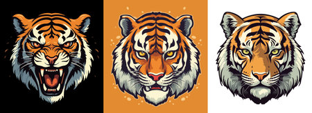 Tiger head vector illustration set. Isolated on white background.のイラスト素材