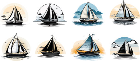 Sailboats in the sea. Set of sailboats. Vector illustrationのイラスト素材
