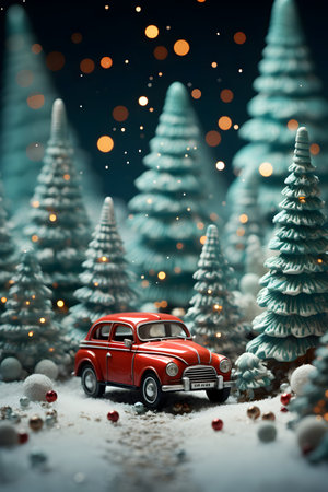 Christmas background with red toy car in the snow. 3d renderingの素材