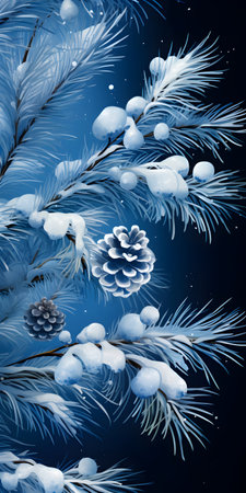 Winter background with fir branches covered with snow and pine cones on a blue backgroundの素材