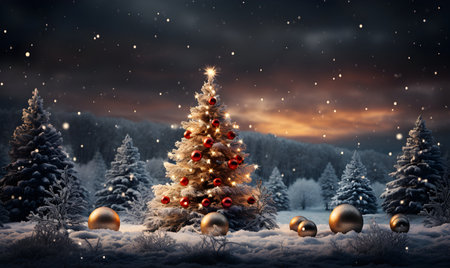 Christmas tree with baubles in snowy forest. 3D renderingの素材