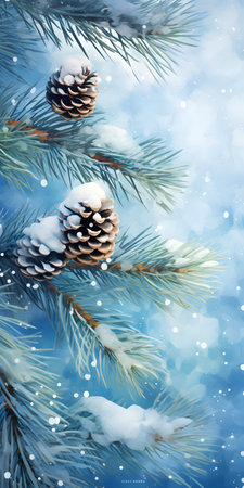 Christmas background with fir branches covered with snow and pine cones on blueの素材