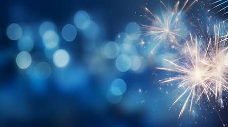 Colorful fireworks with bokeh effect on dark blue sky backgroundの素材
