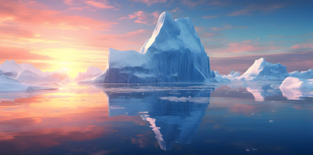 Iceberg on the water at sunset. 3d render illustration.の素材