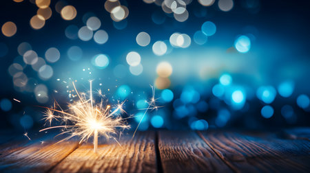 Sparkler on wooden table with bokeh background. New year conceptの素材