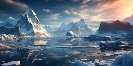 Fantasy landscape with icebergs in the ocean. 3d illustrationの素材