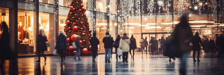 Christmas and New Year holidays background. Blurred people walking in shopping mall with Christmas tree and decorationsの素材
