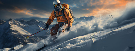 Skier skiing downhill in high mountains at sunset. Panoramic bannerの素材