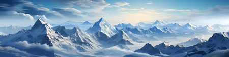 Panoramic view of snow-capped mountains in clouds.の素材