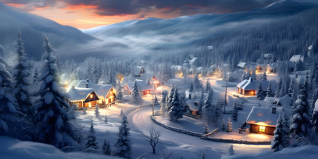 Fantastic winter landscape with wooden houses in the mountains at sunsetの素材