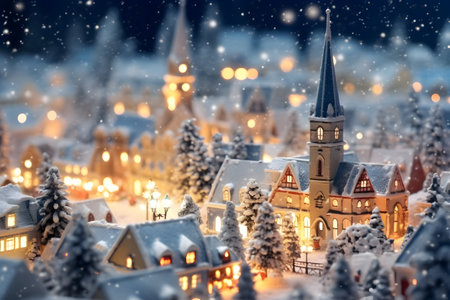 Christmas and New Year holiday background. Festive winter scene with small town.の素材