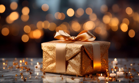 Gift box with golden bow on bokeh background, closeupの素材