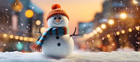 Snowman on the background of the night city. Christmas background.の素材