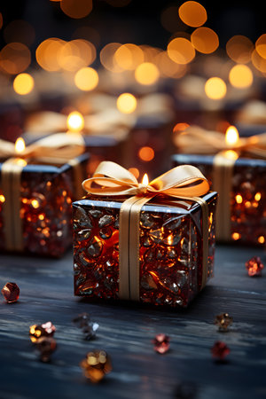 Christmas gift boxes with burning candles on dark wooden background, closeupの素材