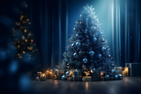 3D rendering Christmas tree with gifts and lights on blue curtain backgroundの素材
