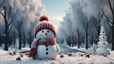Snowman and snowman in the winter park. 3d illustration.の素材