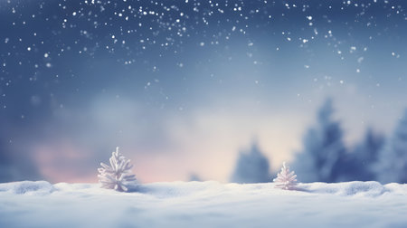 Winter background with snow covered pine trees and falling snowflakes.の素材