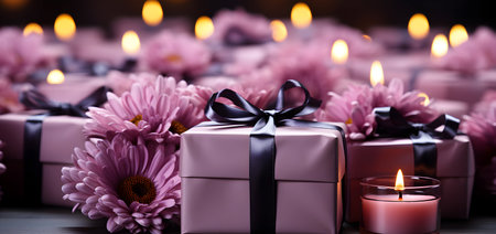 Gift boxes with flowers and candles on dark background, closeupの素材