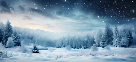 Winter landscape with snowy fir trees and lake at night. Panoramaの素材