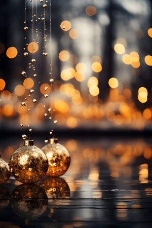Golden Christmas balls with bokeh background. New Year concept.の素材