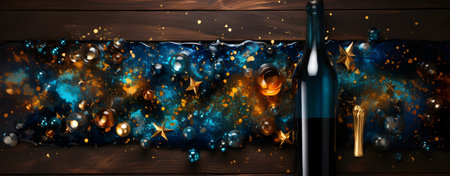 Christmas and New Year background with champagne bottle and golden stars. Copy spaceの素材
