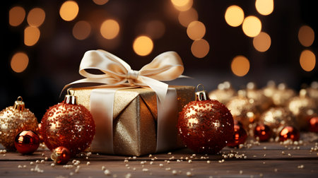 Christmas gift box with golden baubles on bokeh backgroundの素材