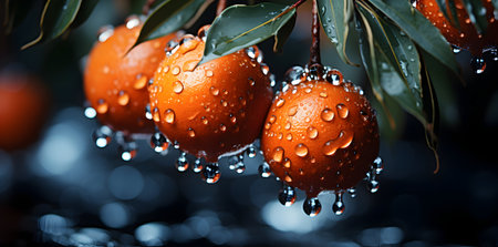 Ripe tangerines with drops of water on a dark backgroundの素材