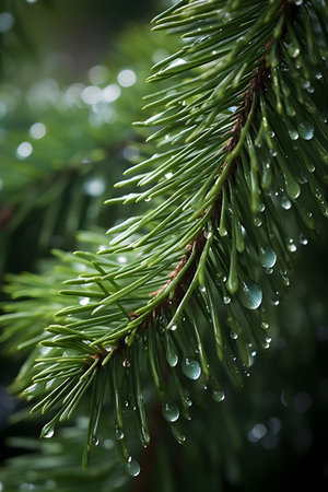 Water drops on a branch of a spruce tree in the rainの素材