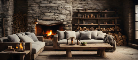 Cozy living room interior with fireplace and comfortable sofa. 3d renderの素材