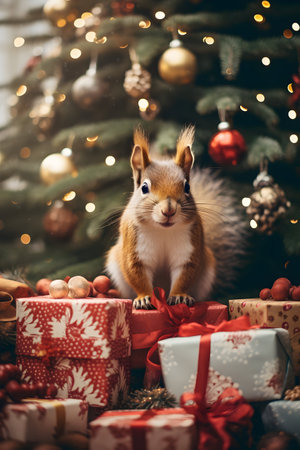Cute squirrel with Christmas gifts on background of christmas tree.の素材